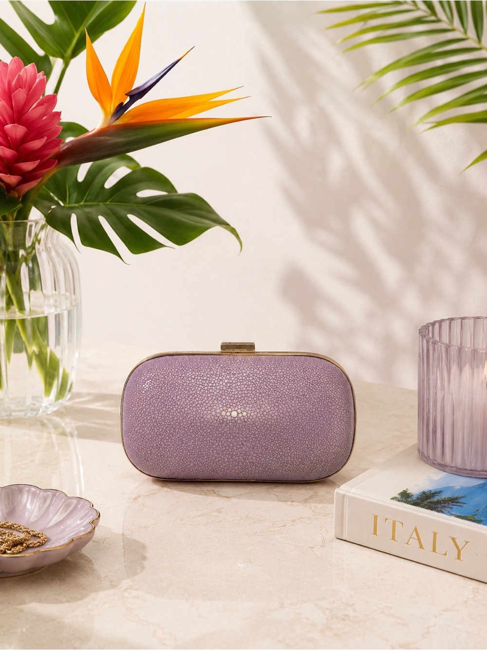 Anya Hindmarch Genuine Stingray Clutch | Lavender & Gold Shagreen Evening Bag